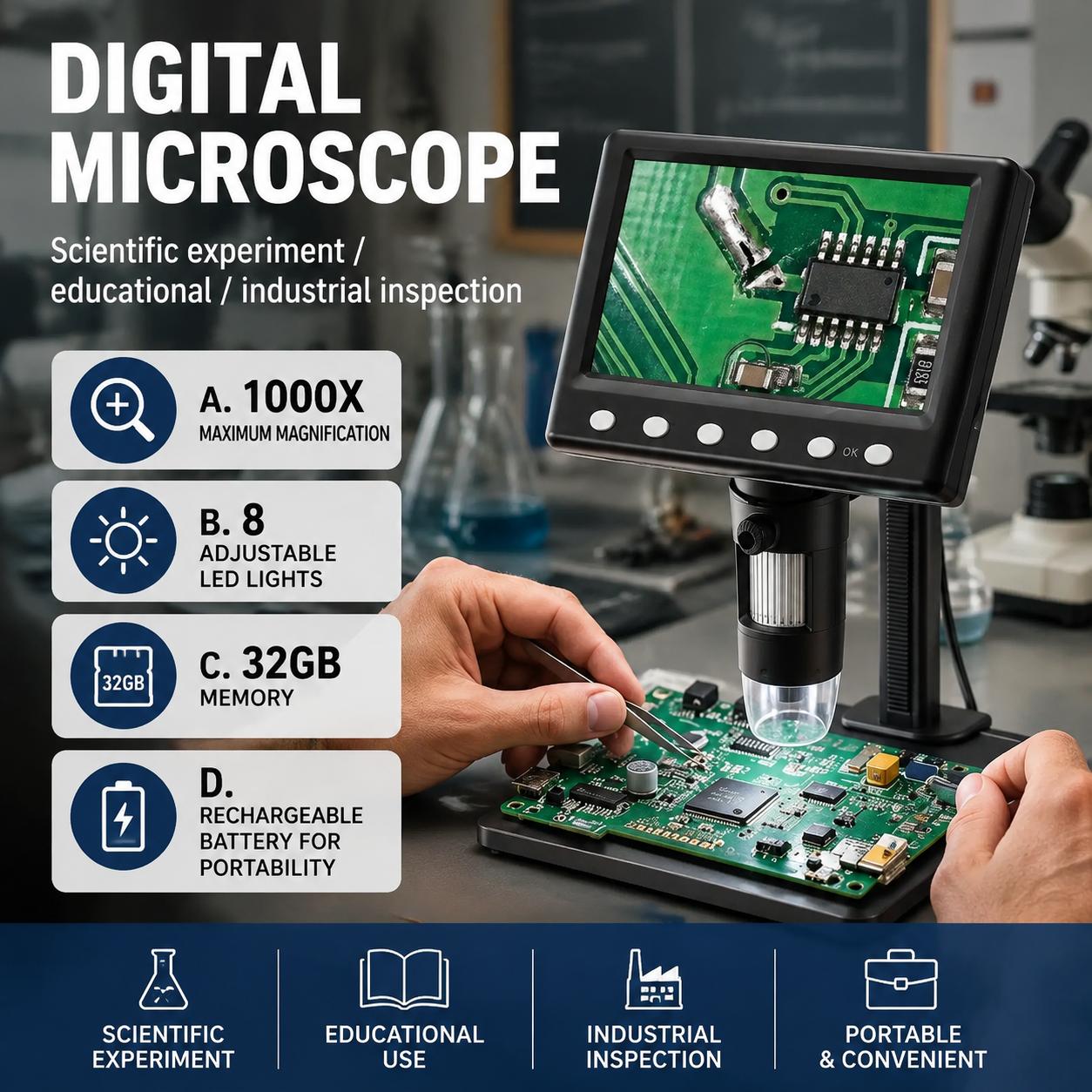 Diy Microscope For Electronics Repair - Inspektionsmikroskop 1000-fache Vergrößerung mit 8 LED-Beleuchtung